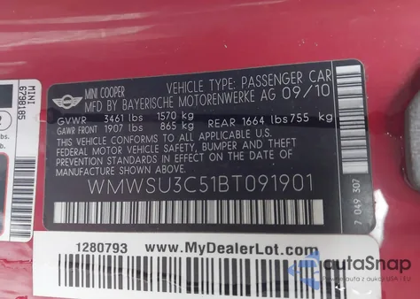 2011 Mini Cooper из США, поврежденный, VIN WMWSU3C51BT091901